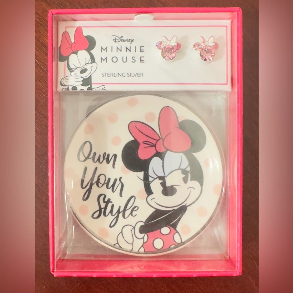 Minnie Mouse Crystal Stud Pink Earrings in Sterling Silver & Trinket Dish